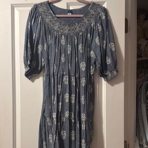 Blue Dress with White Leaf Pattern